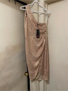 Kancy Kole One Shoulder Sequin Bodycon Cocktail Party Dress Rose Gold L NWT